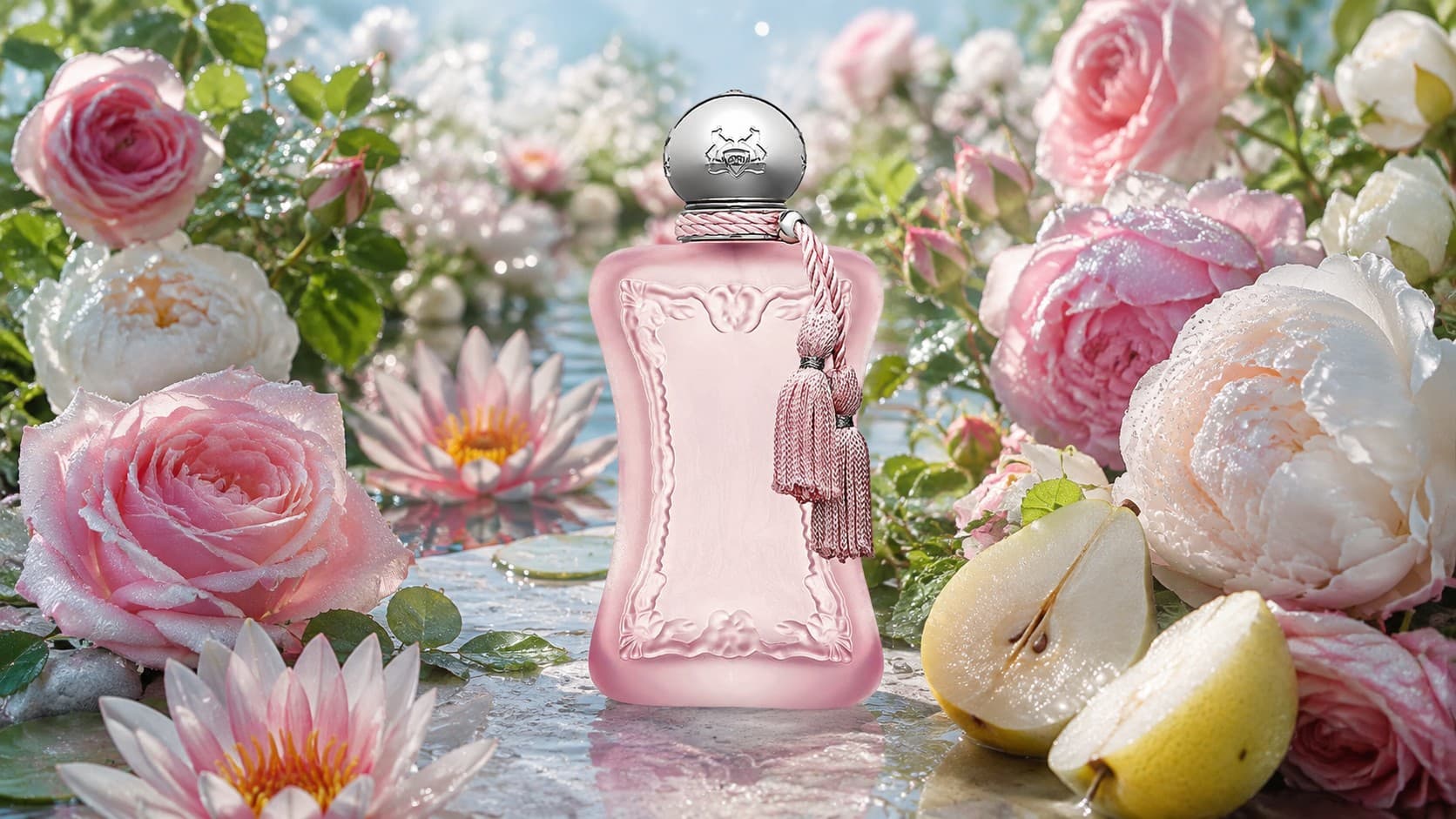 Parfums de Marly Delina La Rosée fragrance bottle with dewy roses and water lilies