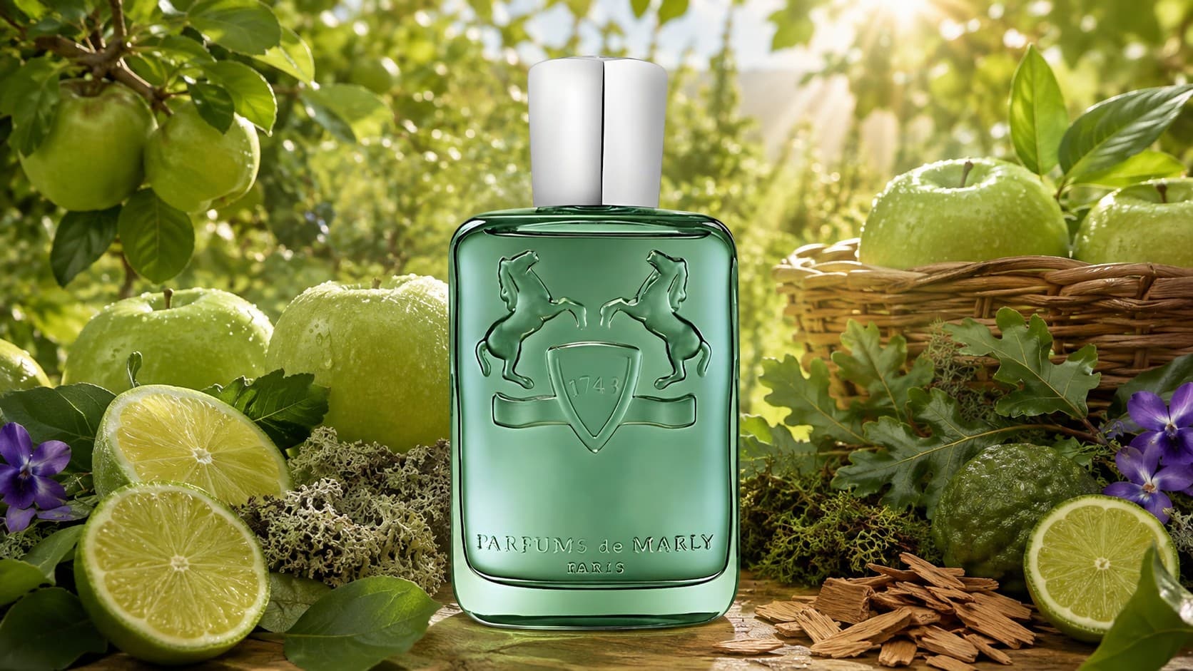 Parfums de Marly Greenley fragrance bottle with green apples, lime, and oakmoss