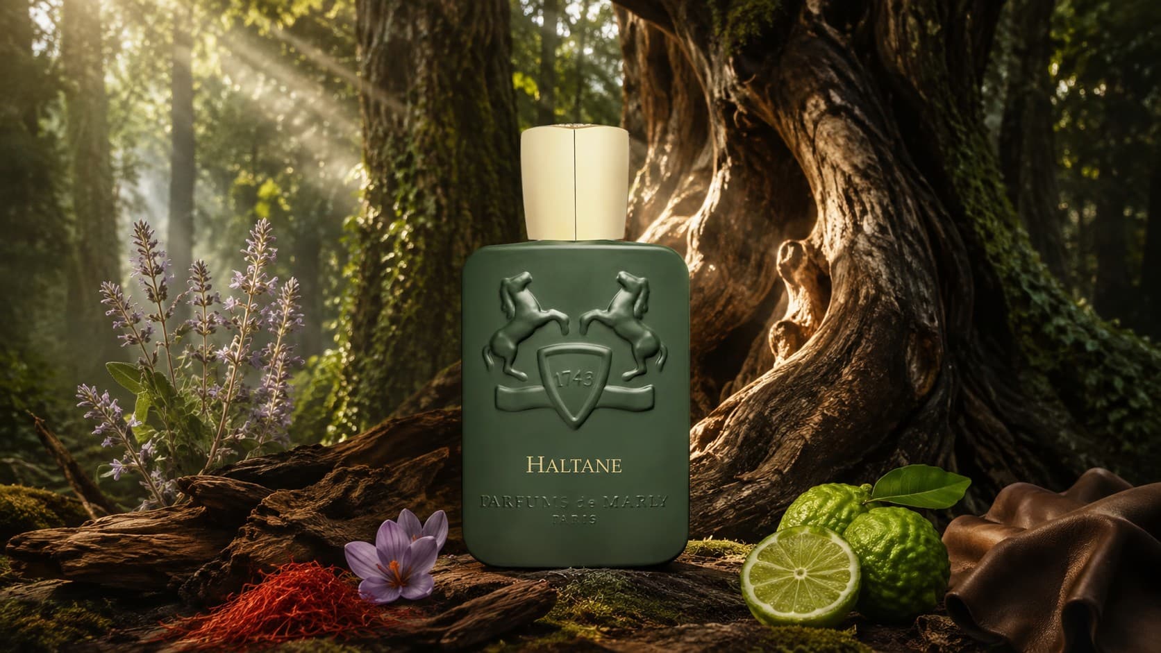 Parfums de Marly Haltane fragrance bottle in a forest with oud wood and saffron