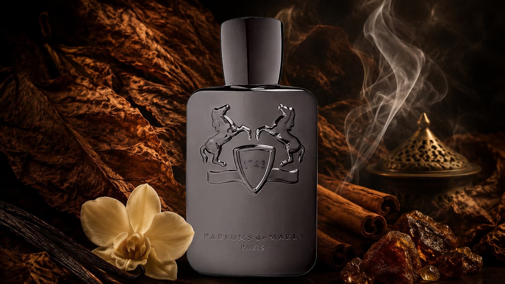 Parfums de Marly Herod fragrance bottle with tobacco leaves, vanilla orchid, and cinnamon