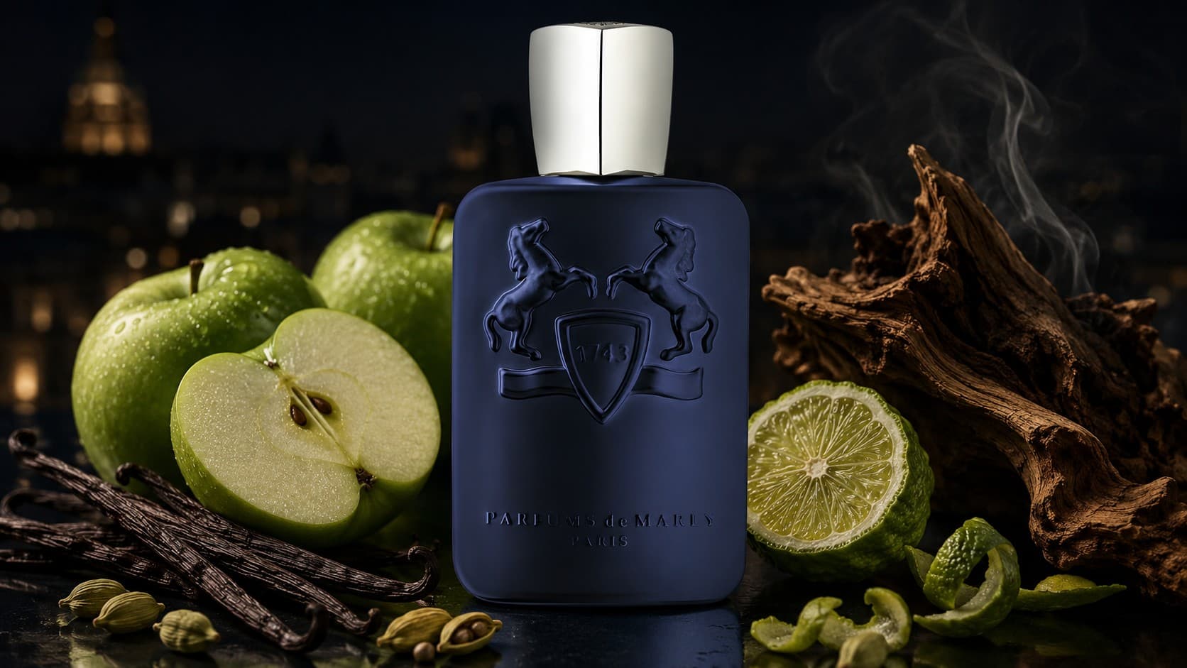 Parfums de Marly Layton fragrance bottle with green apples, vanilla, and bergamot