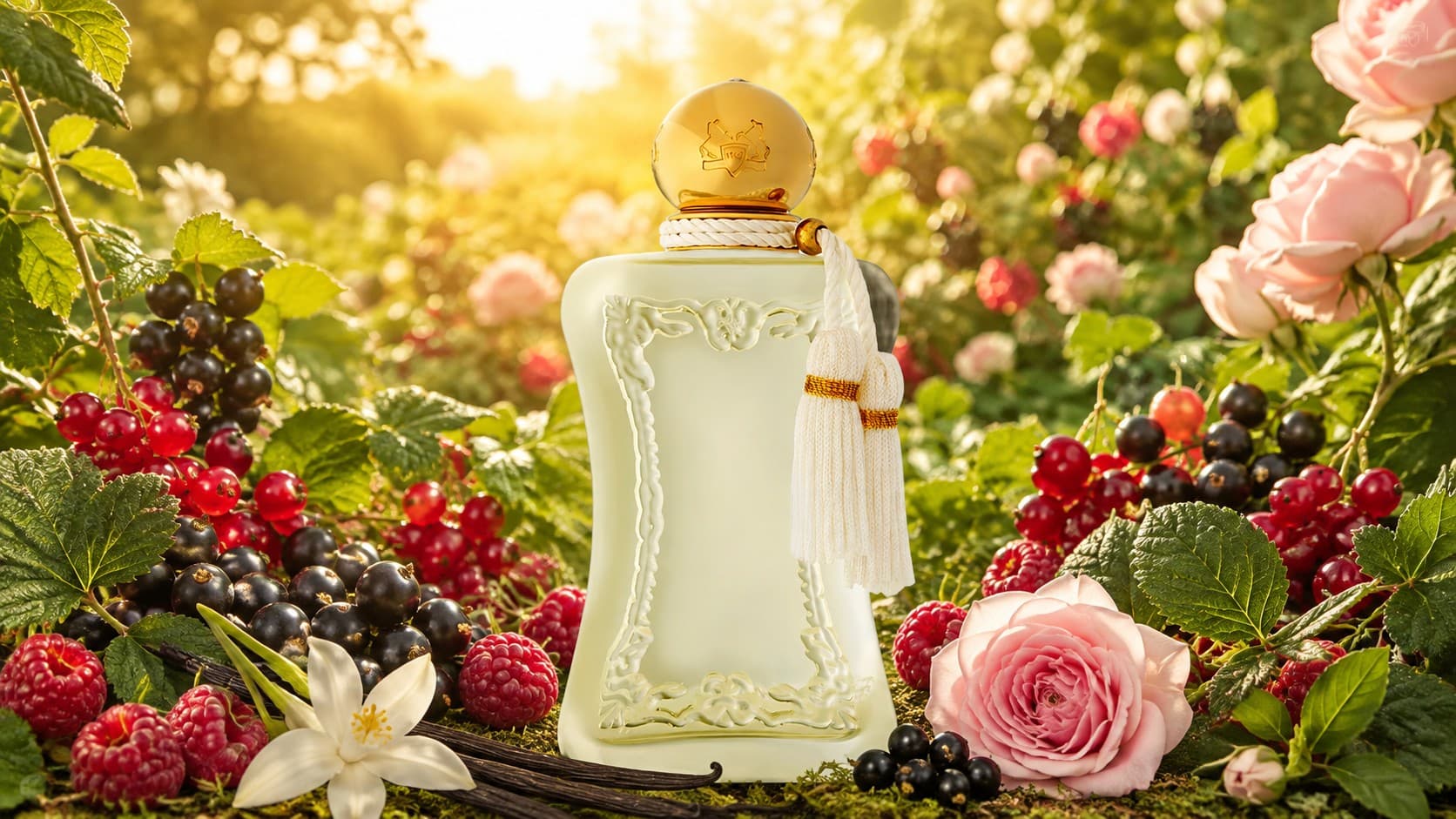 Parfums de Marly Meliora fragrance bottle with blackcurrants, raspberries, and rose