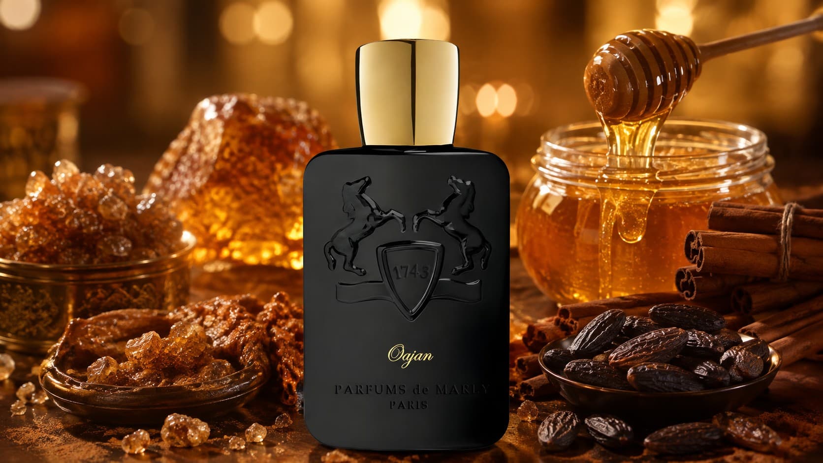 Parfums de Marly Oajan fragrance bottle with honey, amber resin, and cinnamon sticks