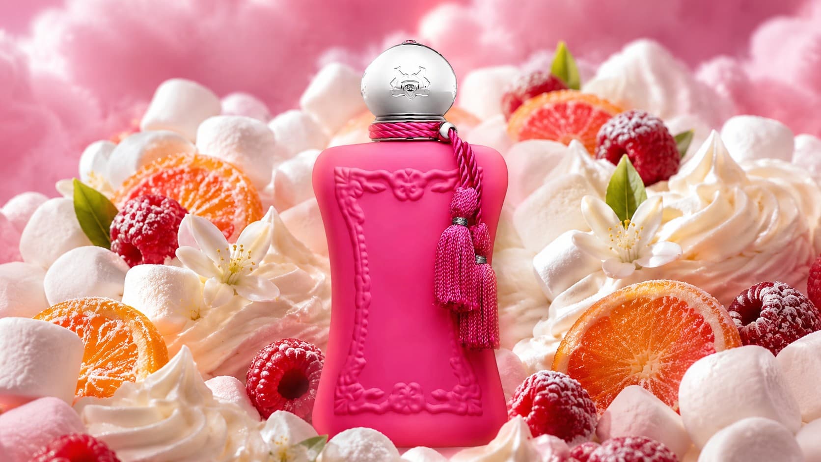 Parfums de Marly Oriana fragrance bottle with marshmallow, cream, and raspberries