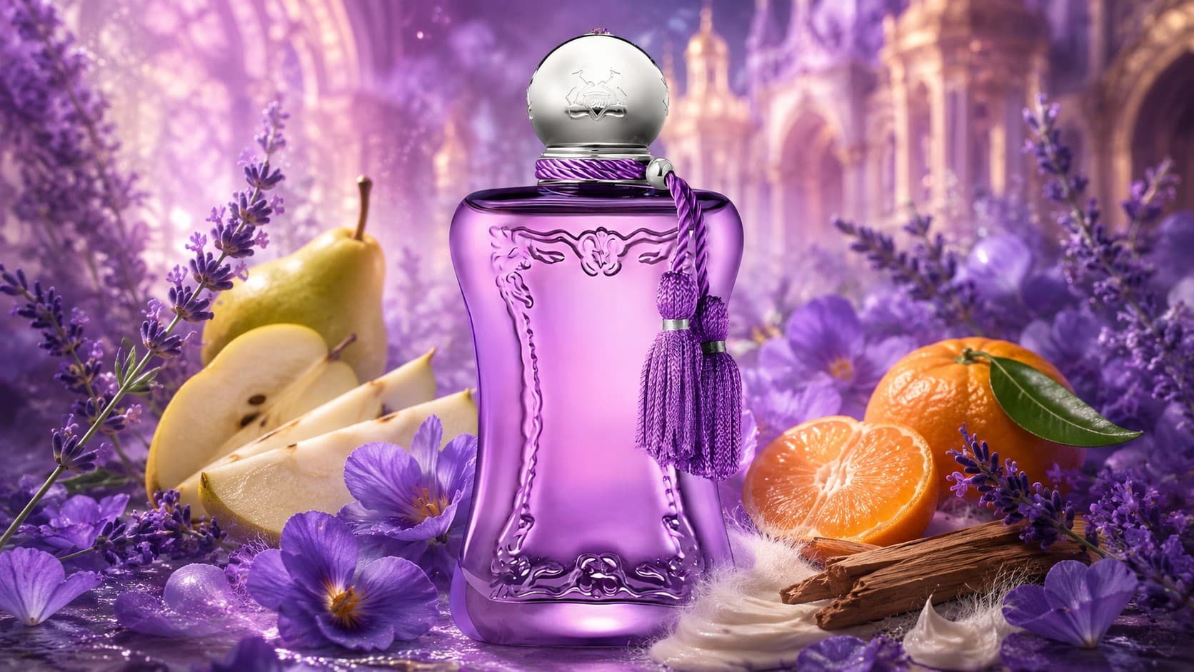 Parfums de Marly Palatine fragrance bottle with violet, pear, and lavender