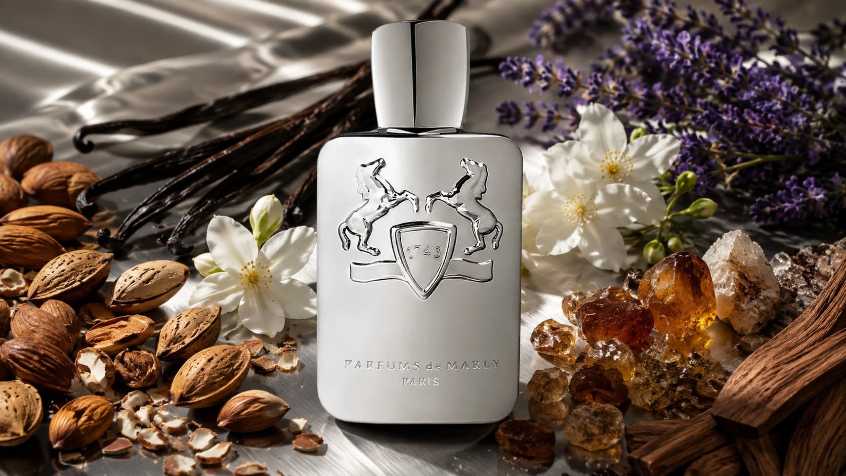 Parfums de Marly Pegasus fragrance bottle with almonds, lavender, and jasmine
