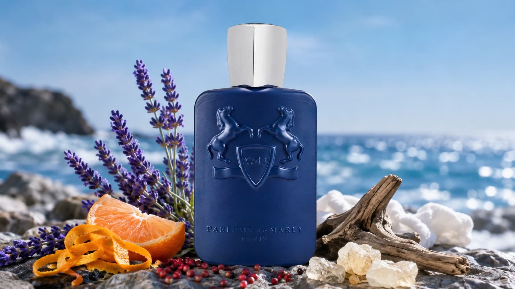 Parfums de Marly Percival fragrance bottle with lavender, mandarin, and sea rocks