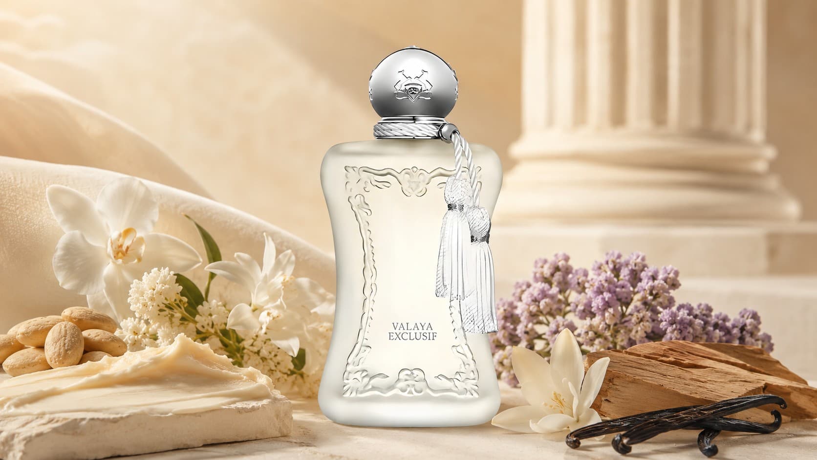 Parfums de Marly Valaya Exclusif fragrance bottle with almonds, orchid, and sandalwood