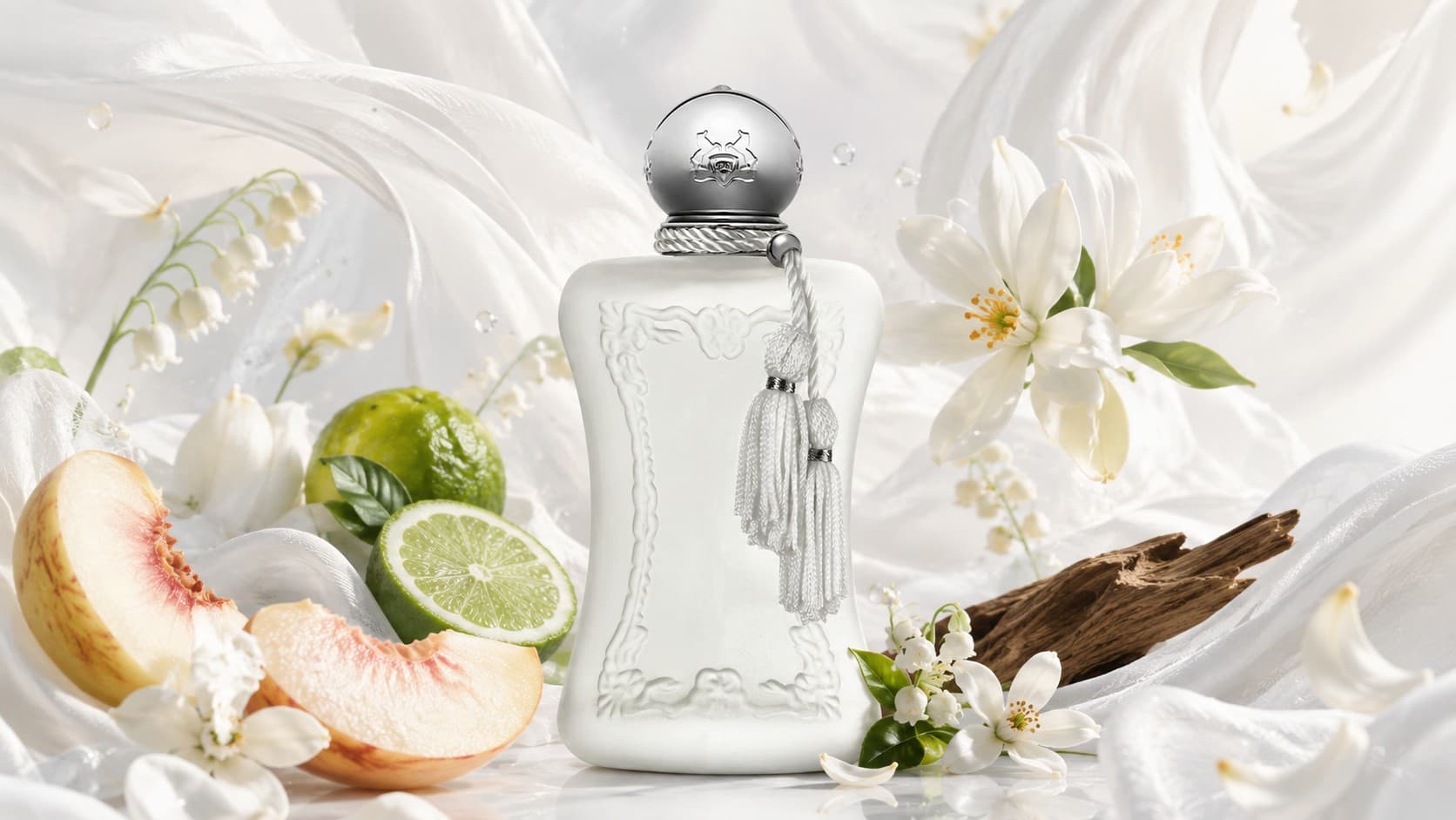 Parfums de Marly Valaya fragrance bottle with white peach, orange blossom, and lily of the valley