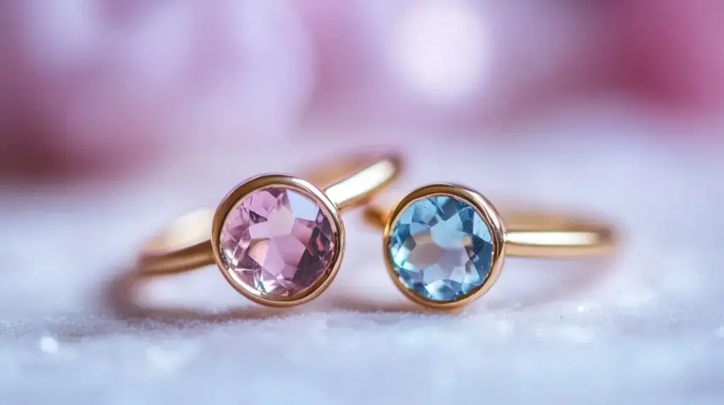 Pastel gemstone rings featuring rose quartz and aquamarine set in gold, reflecting the soft hues of Nordic spring.