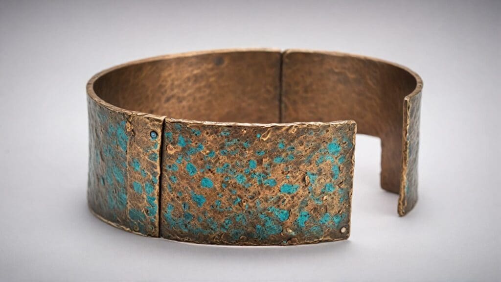 Rustic bronze cuff bracelet with a rich patina finish and turquoise oxidation, showcasing a textured and weathered appearance.
