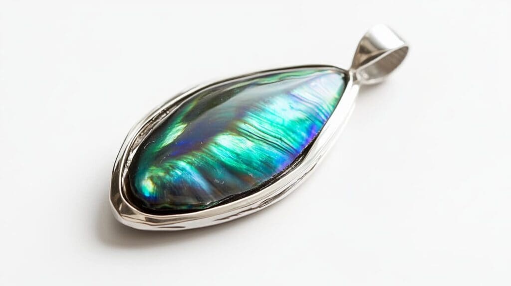 A vibrant paua shell pendant with shimmering blue and green iridescent tones, set in a polished silver frame.