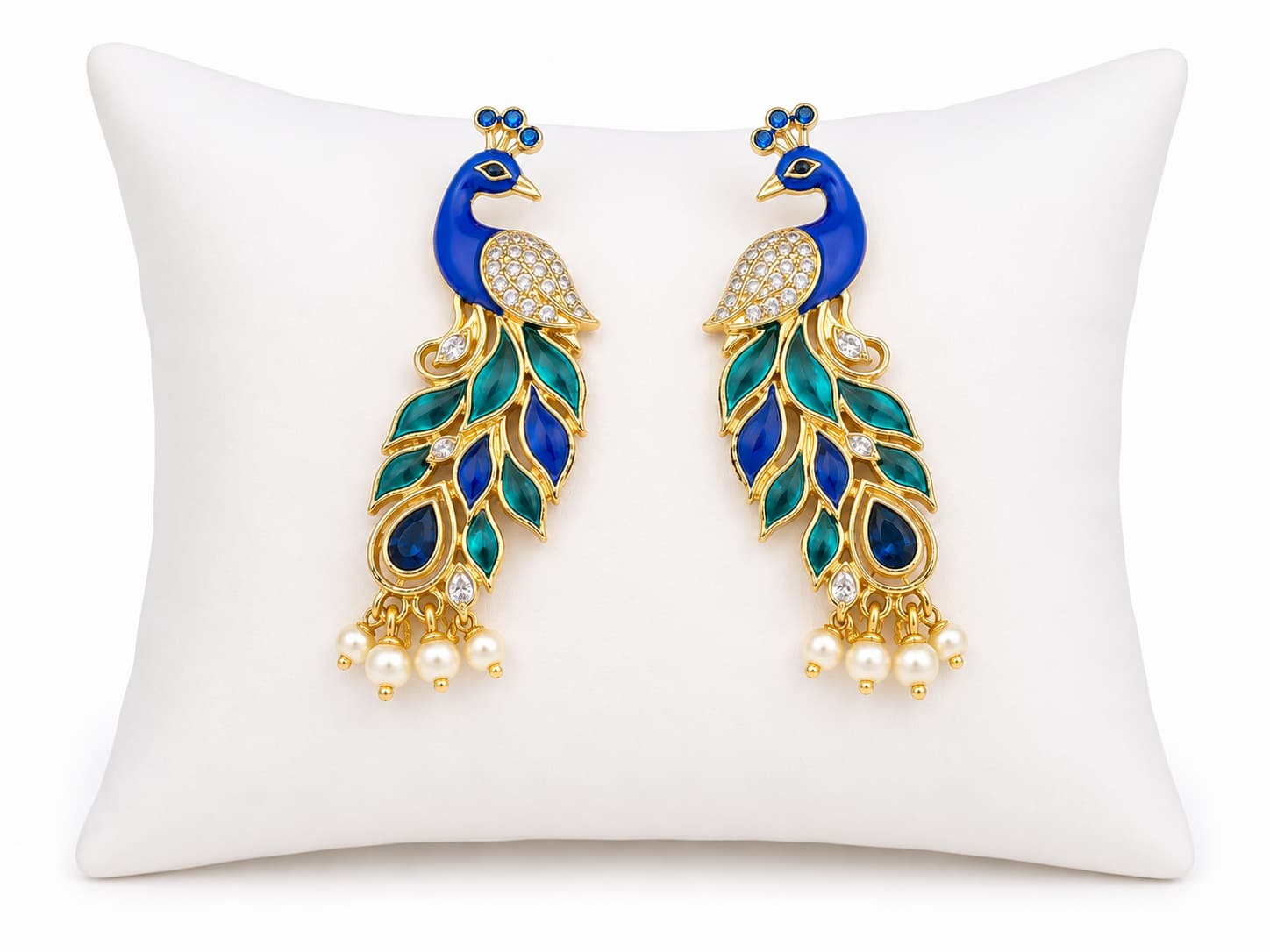 Pair of gold peacock drop earrings with blue and green enamel and pearl accents