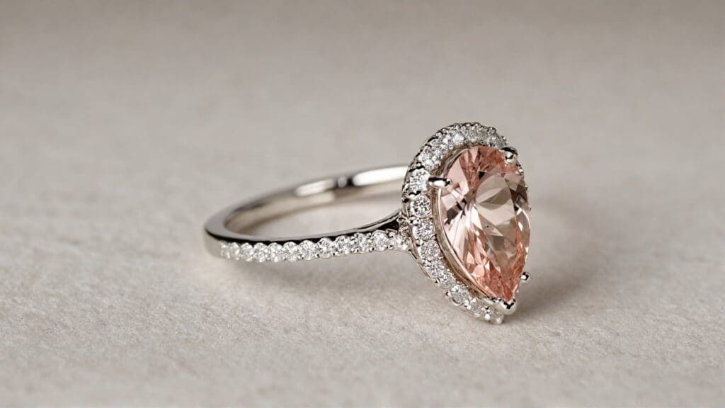 Pear-shaped morganite engagement ring in white gold with a diamond halo, featuring a romantic and modern design with brilliant sparkle.