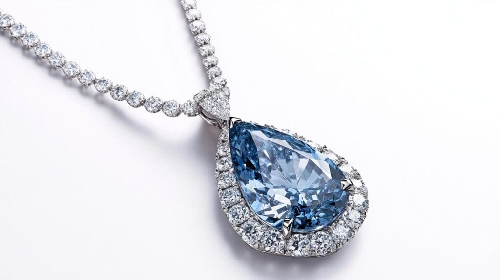 A pear-shaped blue diamond pendant surrounded by a sparkling halo of white diamonds on a matching diamond necklace, displayed on a white background.