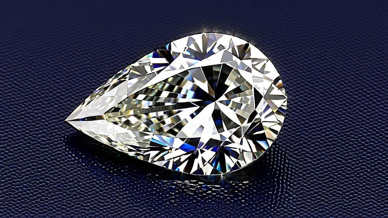Pear-shaped brilliant-cut diamond sparkling on a dark blue textured surface