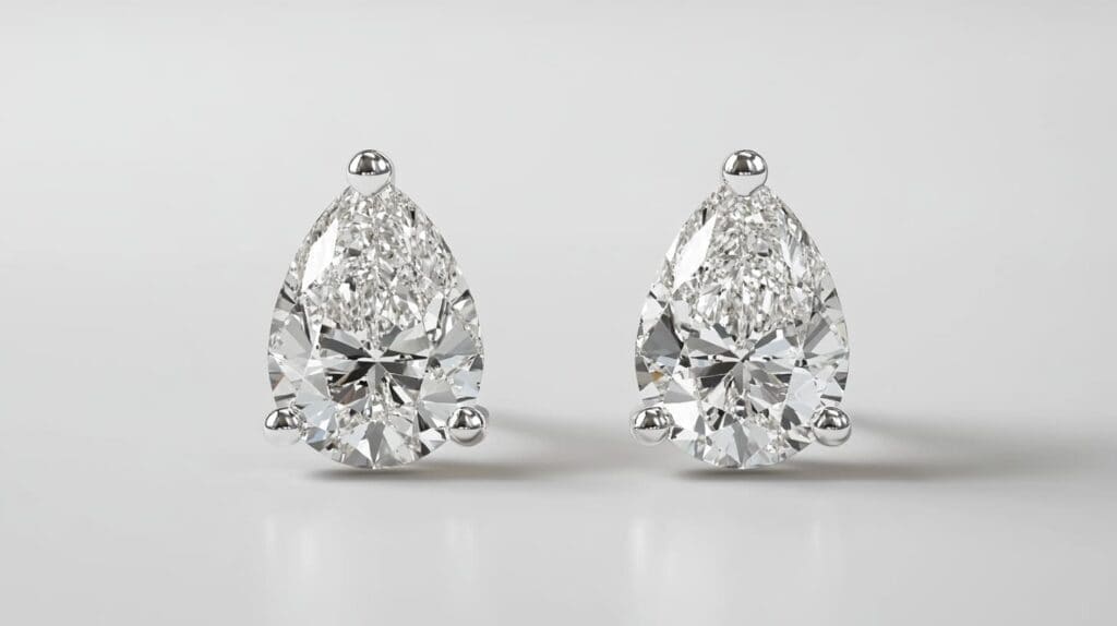 A pair of pear-shaped diamond stud earrings set in white gold, showcasing brilliant facets and elegant teardrop design.