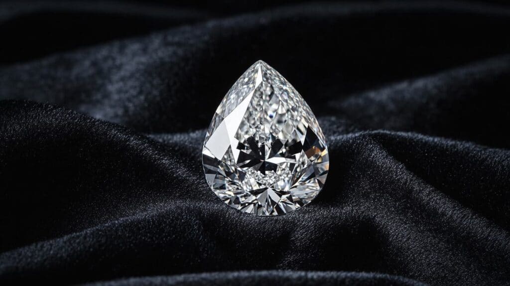 A sparkling pear-shaped loose diamond placed on soft black velvet, emphasizing its teardrop silhouette and fire.