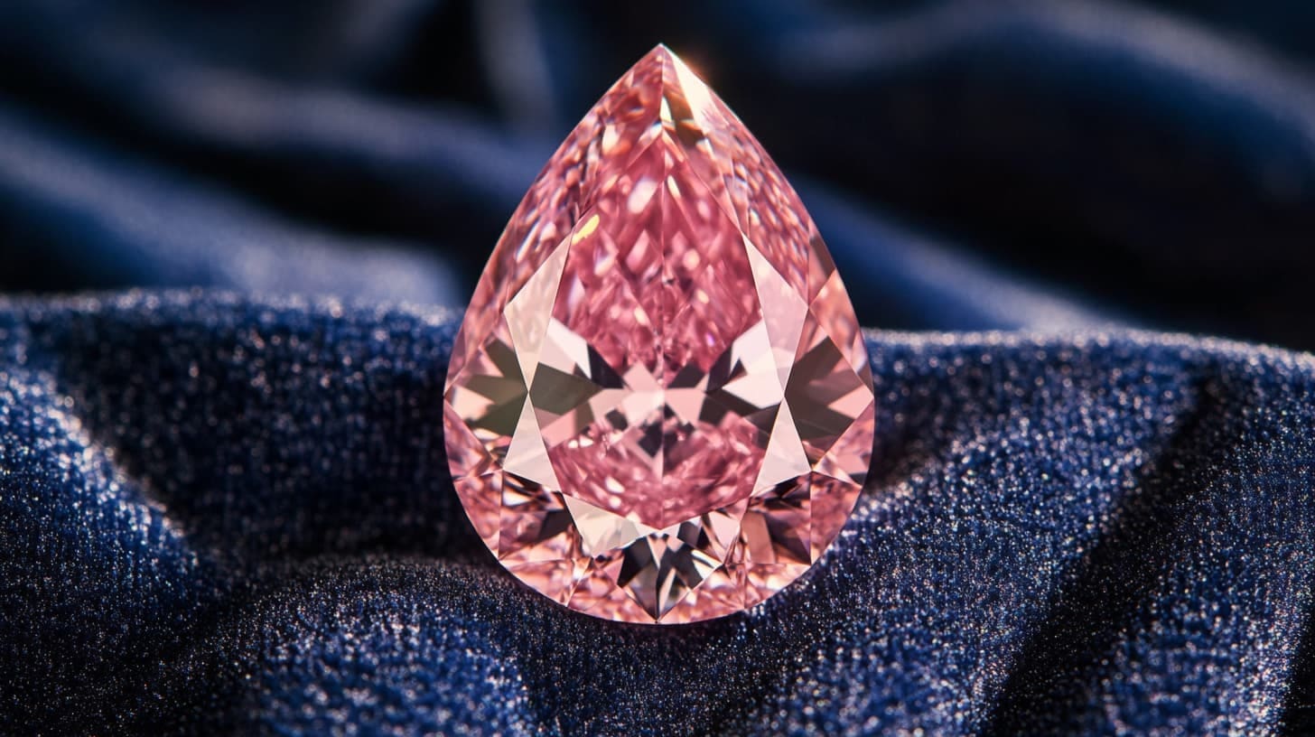 Pear-shaped pink diamond standing on dark blue sparkling fabric