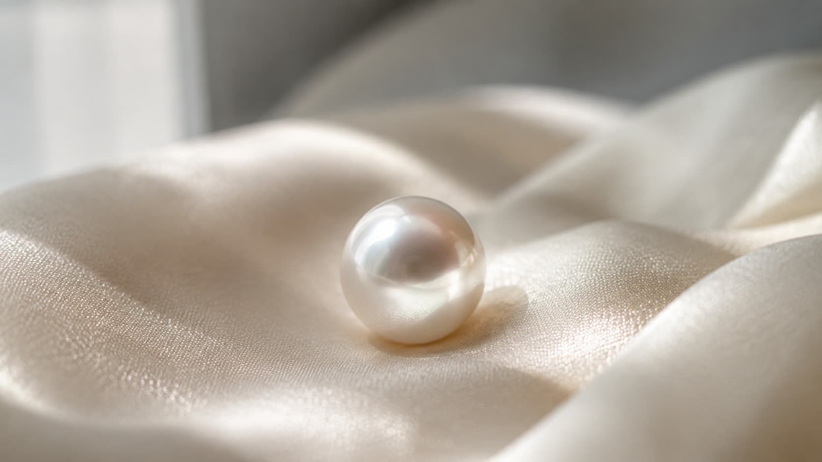 Single white pearl resting on soft silk fabric