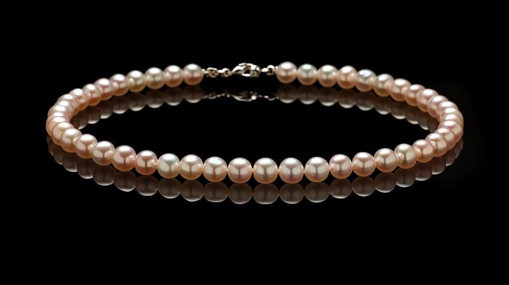 Elegant pearl bracelet reflecting on a black surface, emphasizing the importance of controlled humidity for pearl jewelry.
