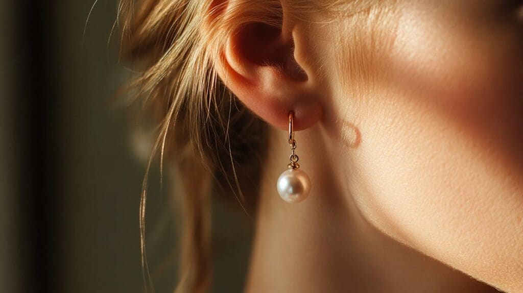 Close-up of a pearl drop earring worn by a woman, highlighting its elegant and sophisticated design.