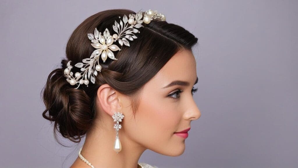 Woman wearing pearl and crystal embellished floral hair accessory with matching drop earrings, styled for festive or bridal occasion
