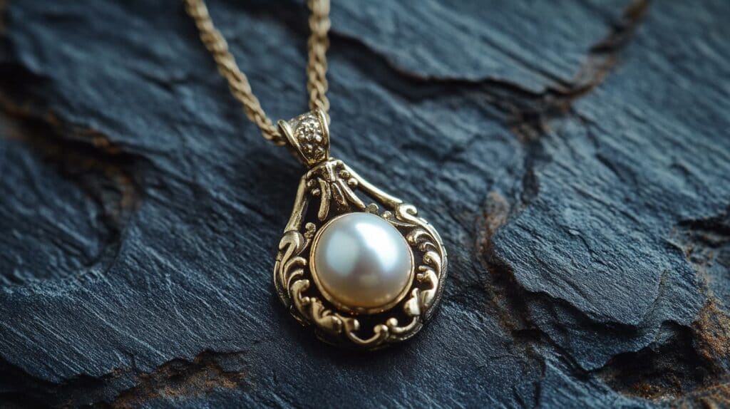Elegant pearl enhancer pendant featuring a gold filigree design, displayed on a dark textured surface.