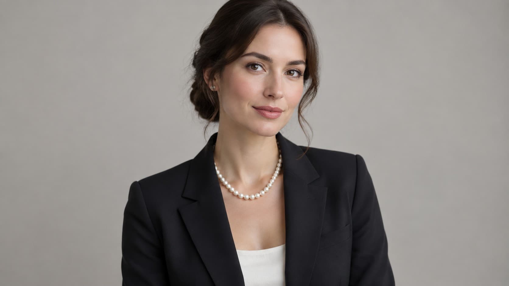 Woman wearing a pearl necklace with a black blazer in a business casual office setting