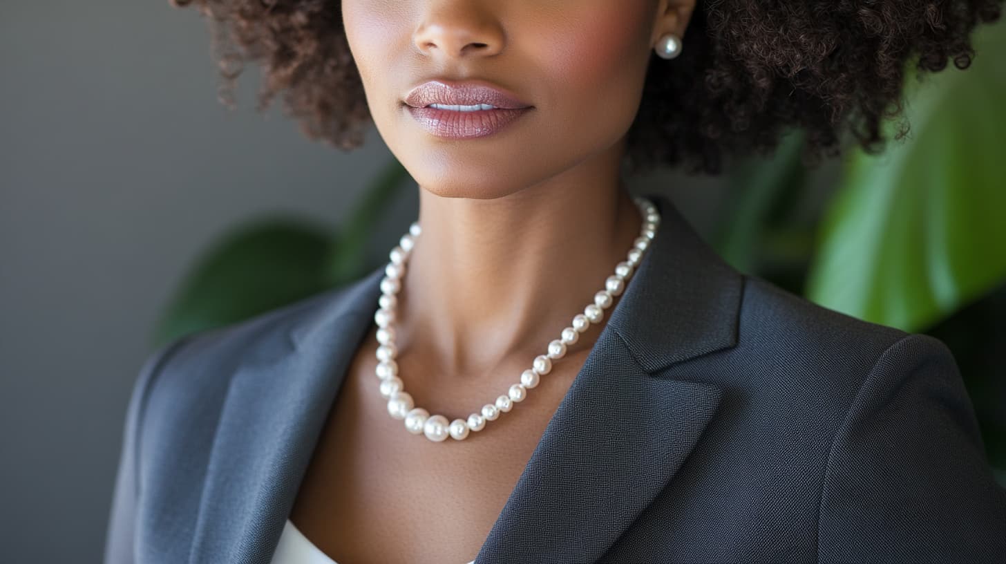 Woman in a dark blazer wearing a classic white pearl necklace with pearl stud earrings