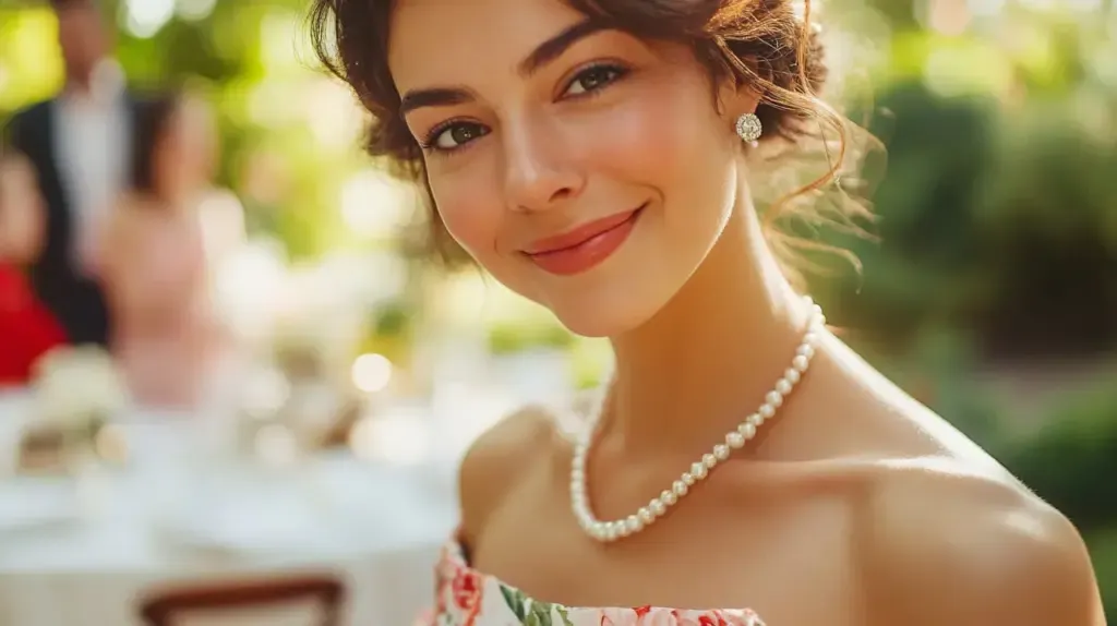 Smiling woman wearing a classic pearl necklace at an outdoor summer event, ideal for adding elegance to warm-weather occasions.