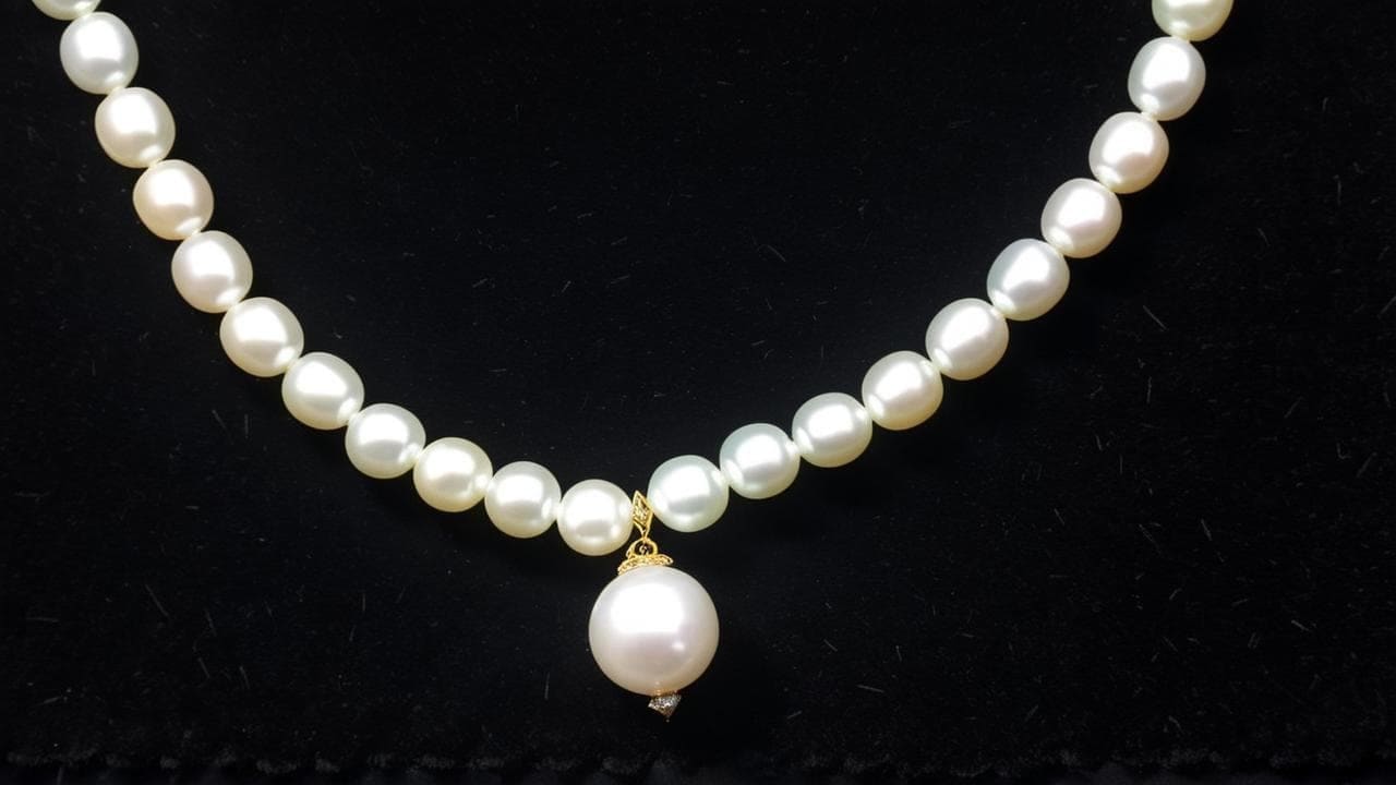Strand of white pearls with a large pearl drop pendant on black velvet