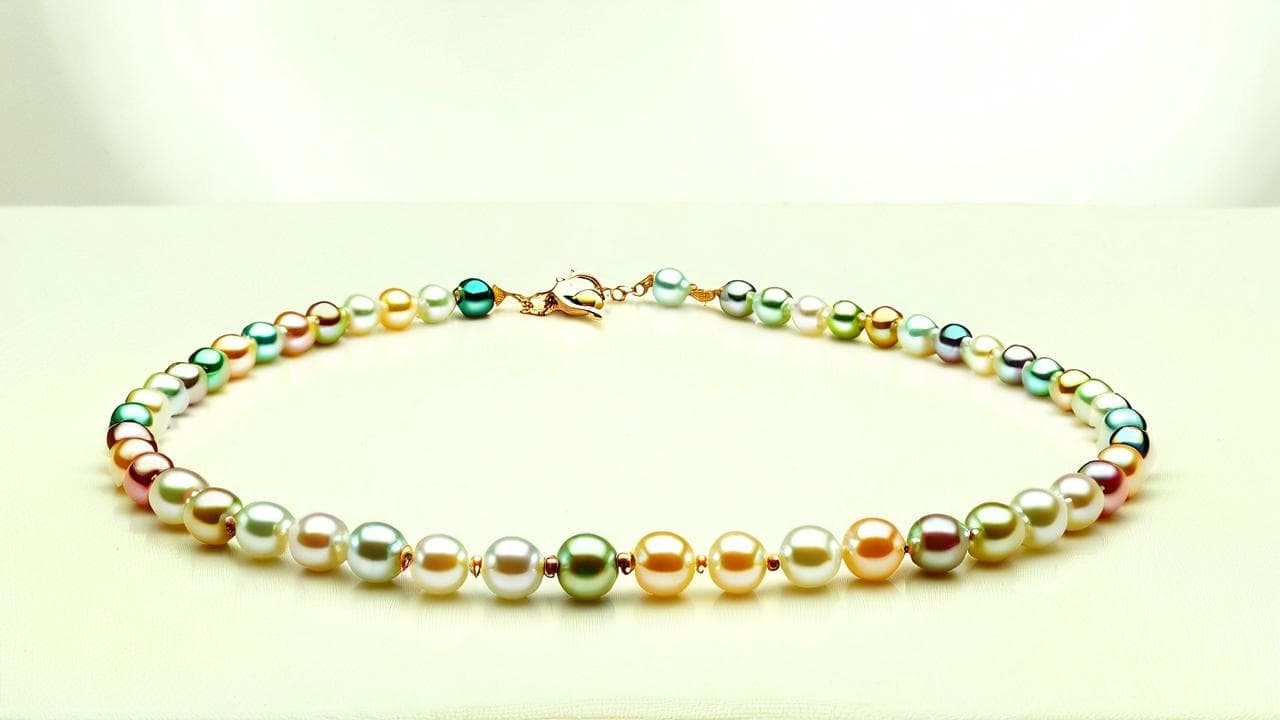 Pearl necklace with discolored multicolored pearls laid on a pale surface
