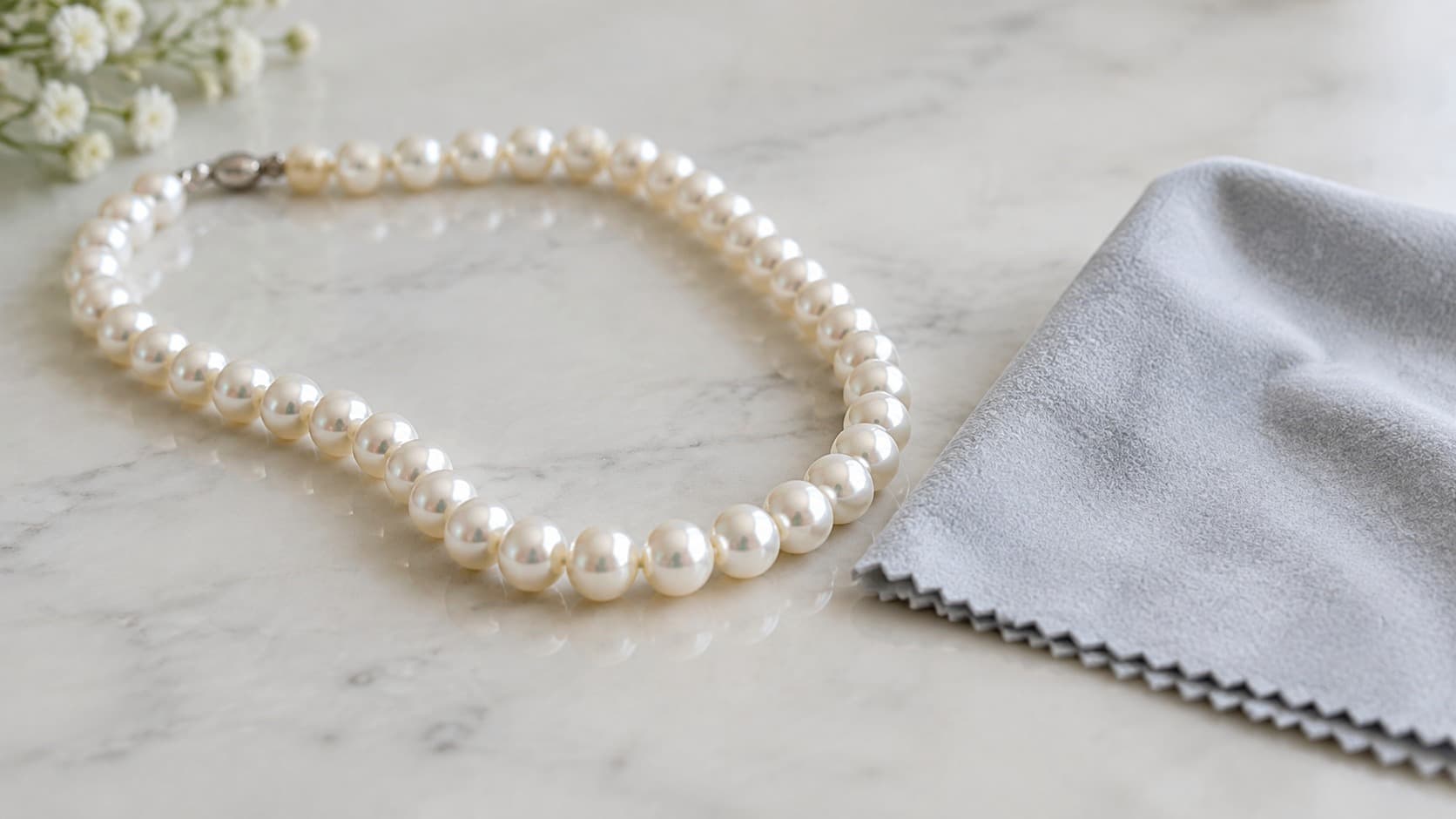A pearl necklace resting next to a soft cleaning cloth