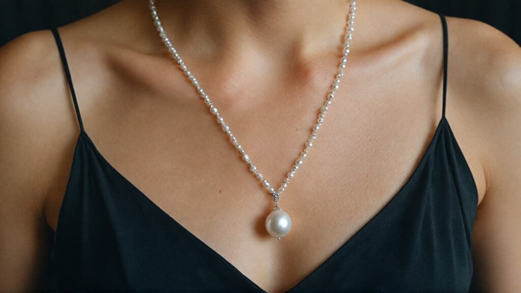Close-up of woman wearing pearl pendant necklace with black semi-formal dress