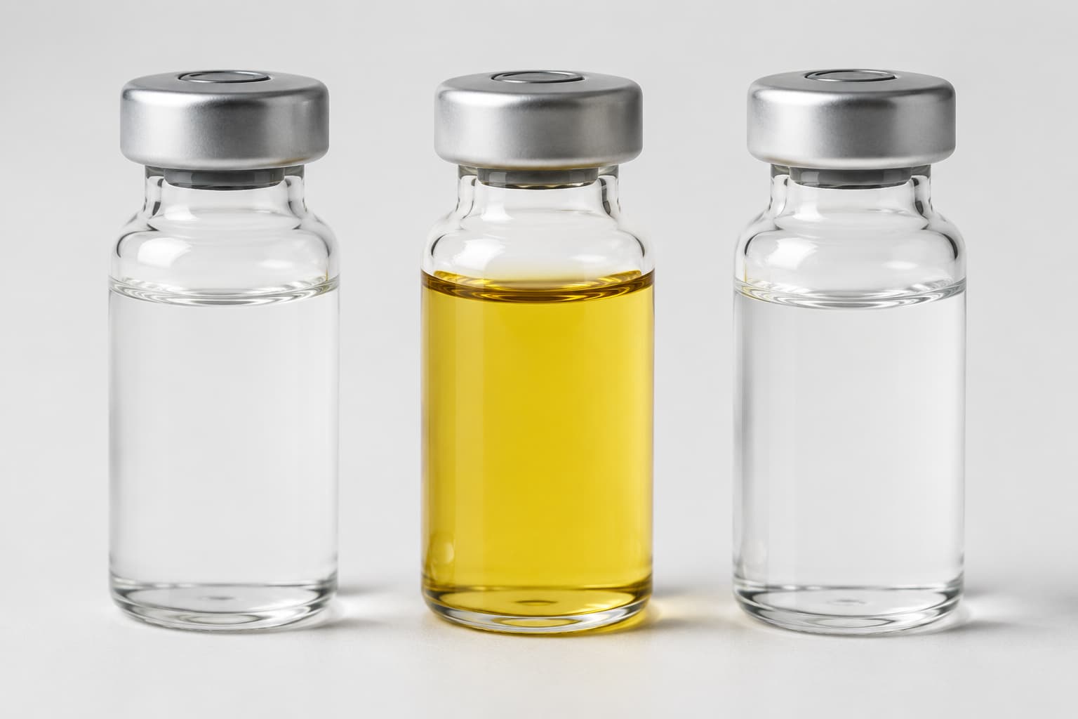 Three glass vials comparing perfume alcohol, essential oil, and a synthetic aroma chemical