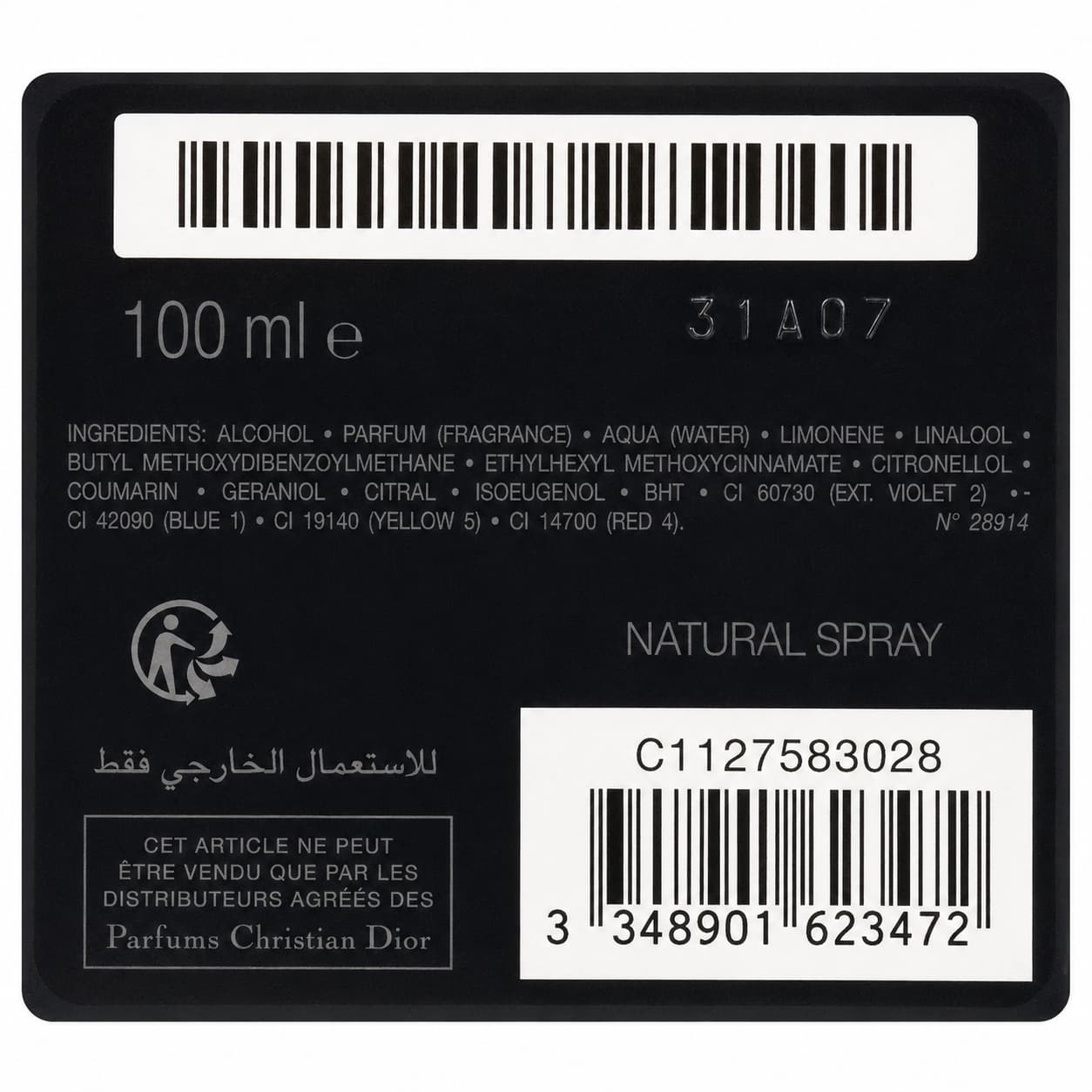 Perfume bottle label showing batch code, ingredients list, volume, and barcode on a Dior fragrance