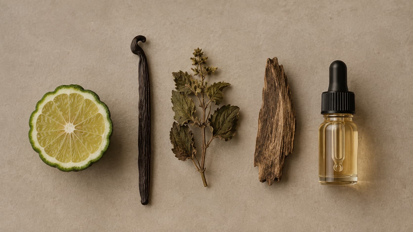 Bergamot, vanilla bean, patchouli leaves, and oud wood arranged next to a glass perfume oil vial