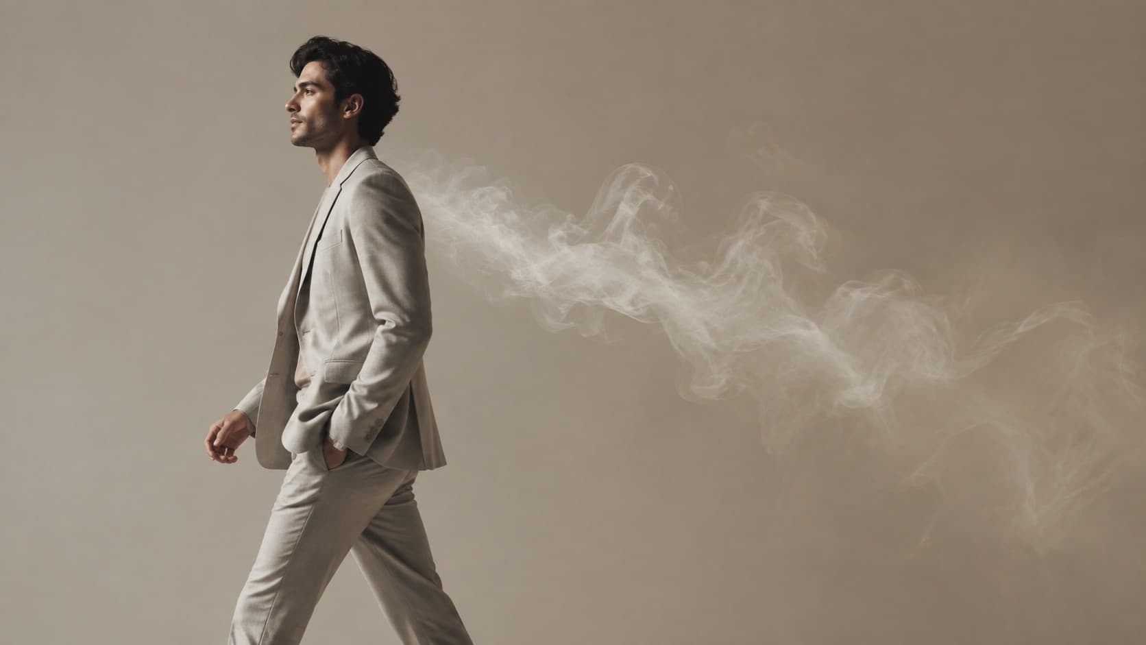 Man in a light suit walking with a long visible perfume trail behind him