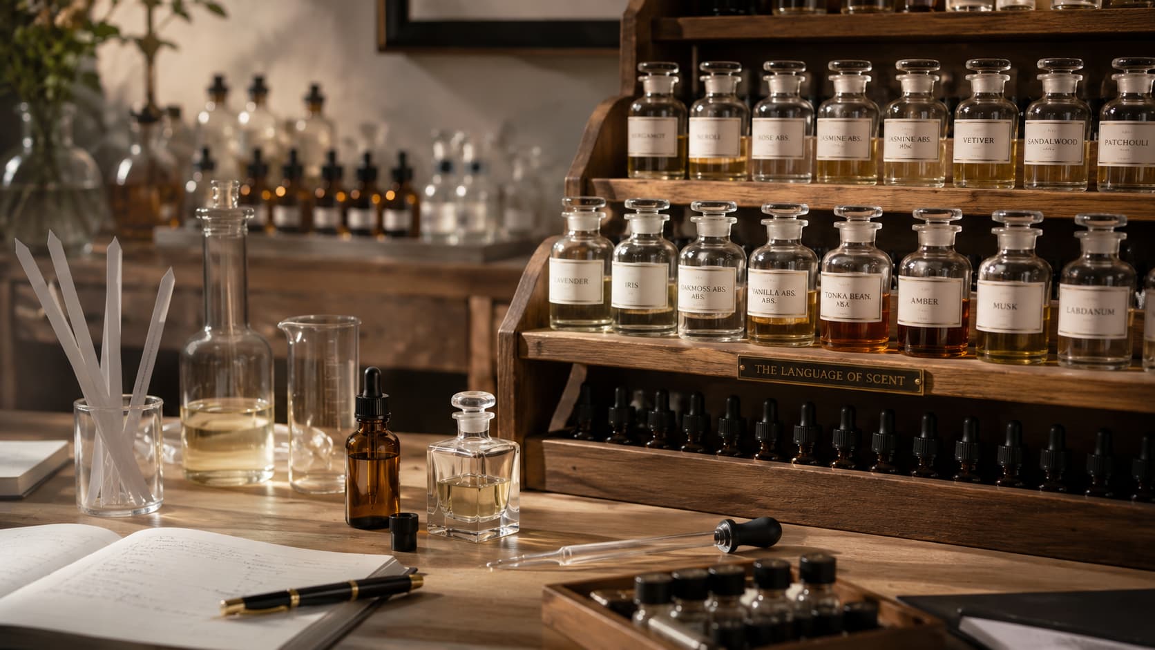 A perfumer's organ shelf lined with labeled bottles of fragrance ingredients like bergamot, jasmine, vetiver, and amber