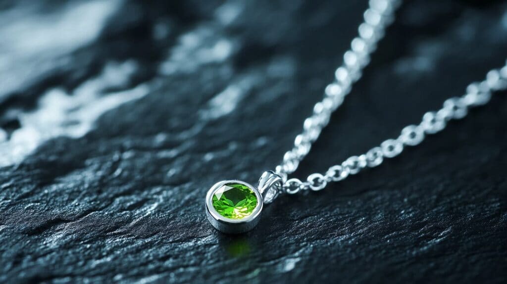 Peridot necklace for August, featuring a round light green gemstone set on a silver chain, symbolizing strength and good fortune.