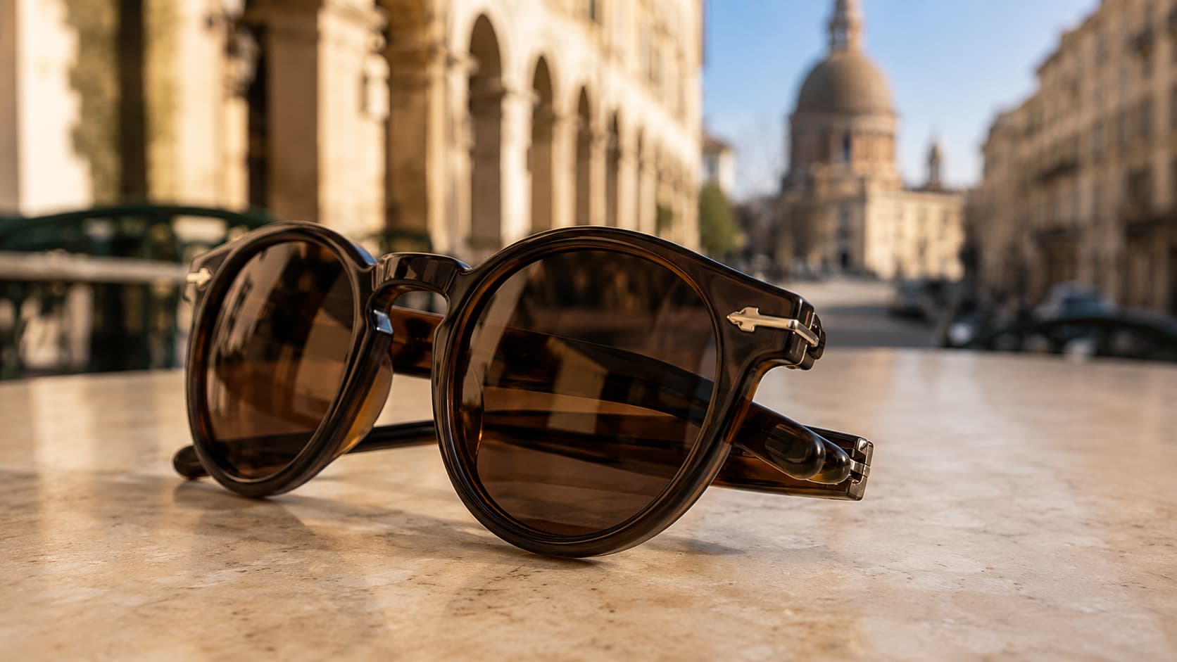 Folding round Persol-style sunglasses resting on a marble table with a European street and domed building in the background
