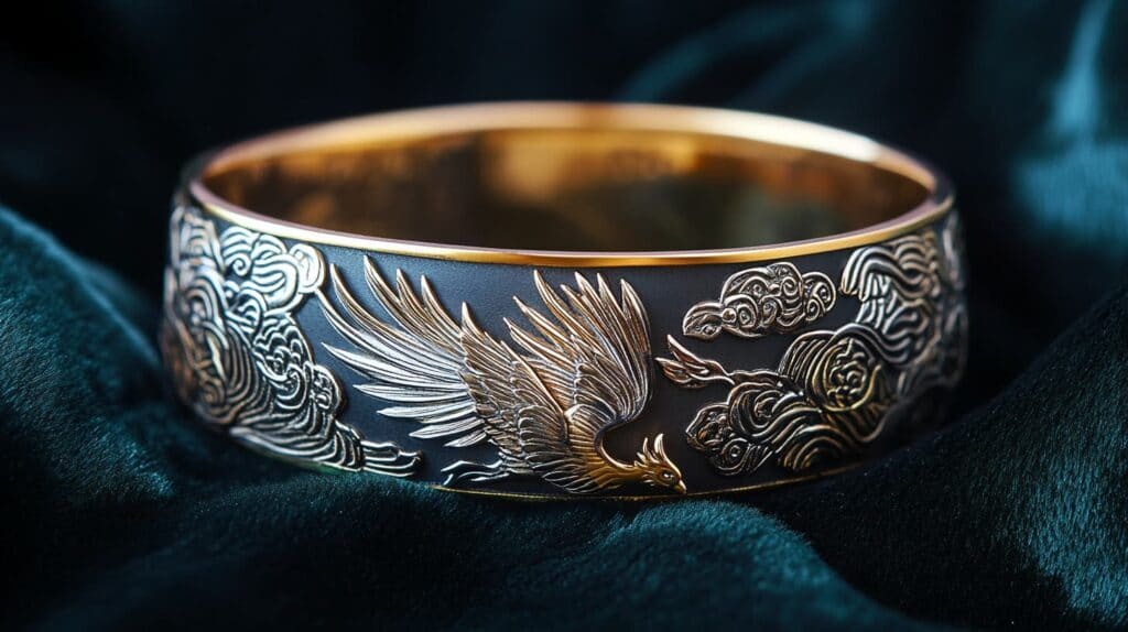 Elegant cuff bracelet featuring an engraved Phoenix design with detailed feathers and cloud motifs, symbolizing renewal and harmony.