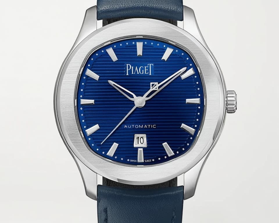 Piaget Polo with cushion-shaped blue striped dial and navy leather strap