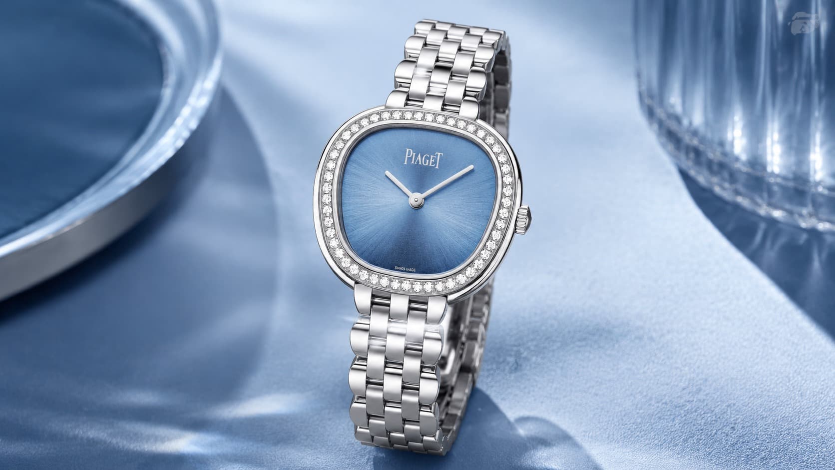 Piaget Sixtie watch with diamond-set steel case and blue lacquer dial