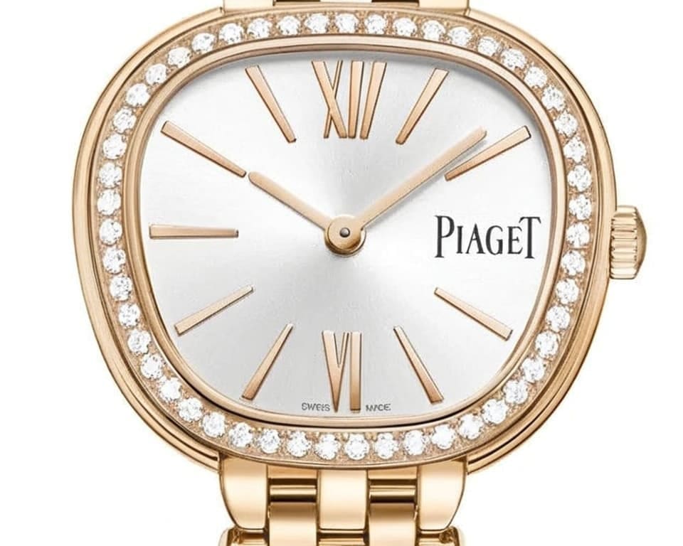 Piaget sixtie women's watch in 18k rose gold with diamond-set bezel and cushion-shaped case on integrated bracelet