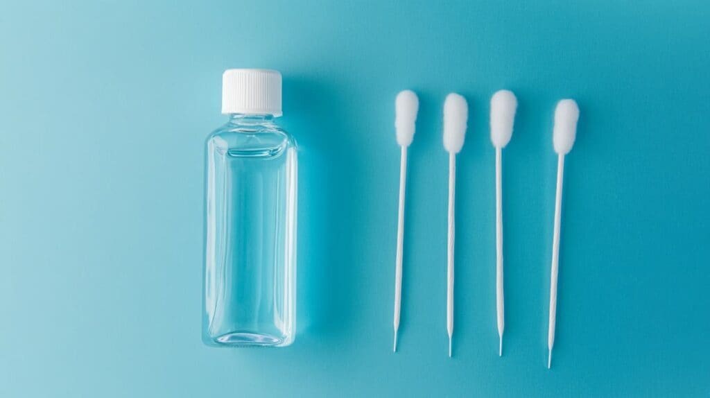 Piercing aftercare essentials including a bottle of saline solution and cotton swabs arranged on a blue background.
