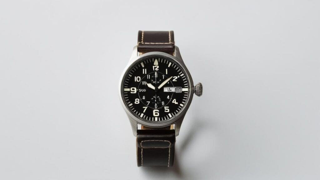 Aviation pilot watch with black dial, white luminous numerals, and brown leather strap