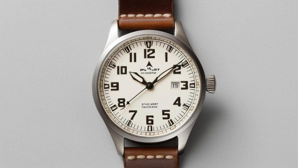 Classic pilot watch with cream dial, black Arabic numerals, and brown aviation leather strap