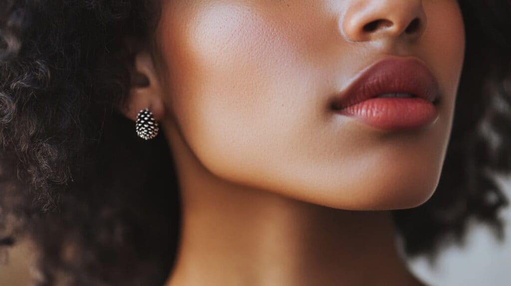 Close-up of a woman wearing pinecone stud earrings, showcasing a minimalist and symbolic jewelry piece.